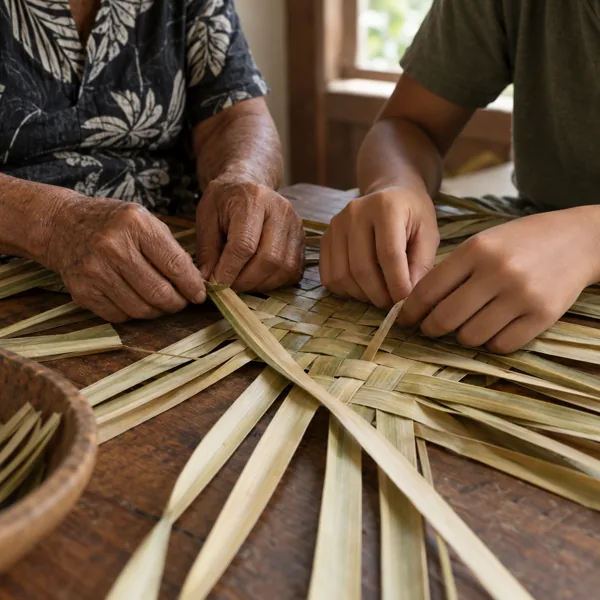 An elder and a young maker weaving lauhala together