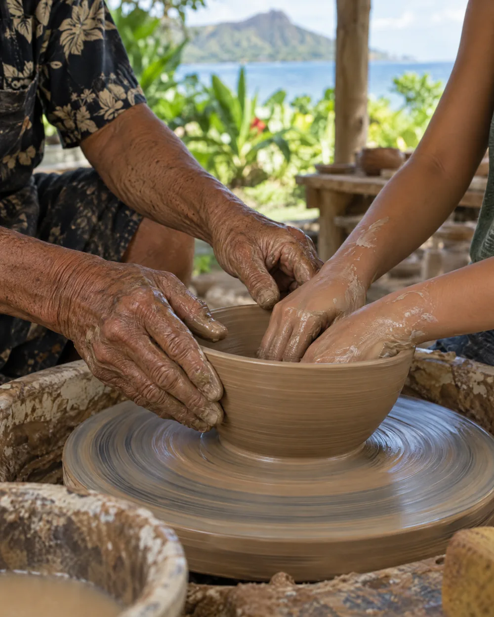 An elder's hands guiding a young maker's hands on a clay bowl at the potter's wheel